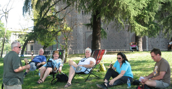Resting in the shade of Sforza castle with our Birra.