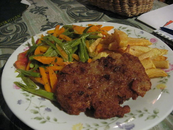The usual vegies, with fries and fake meat