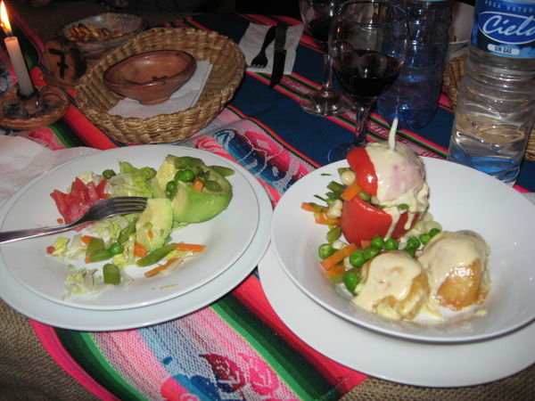 Palta rellena (filled avocado) and rocoto relleno (filled hot pepper)