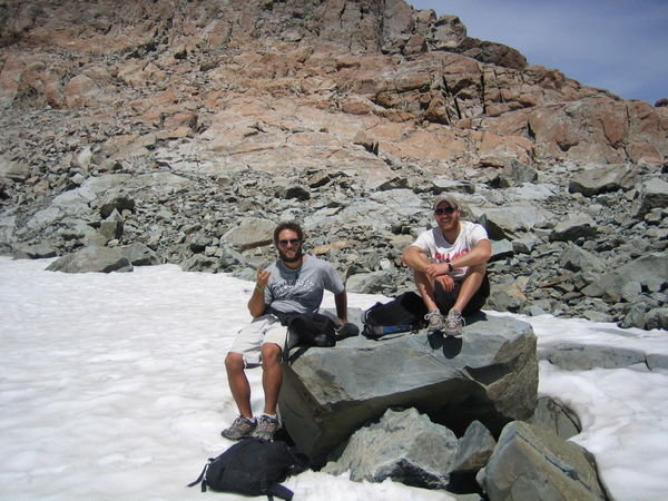 Evan and I chillin in the last bit of snow on the mountain