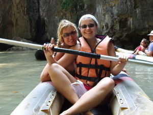 Me and Kim on the sea canoeing part of the trip - our oarsman let me have a go for a bit
