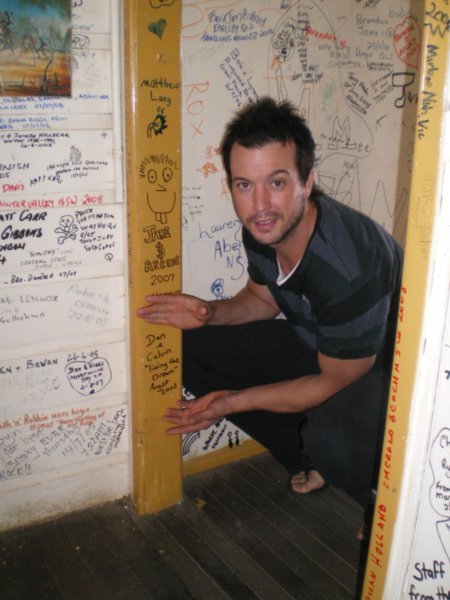Signing the wall at the Blue Heeler Pub
