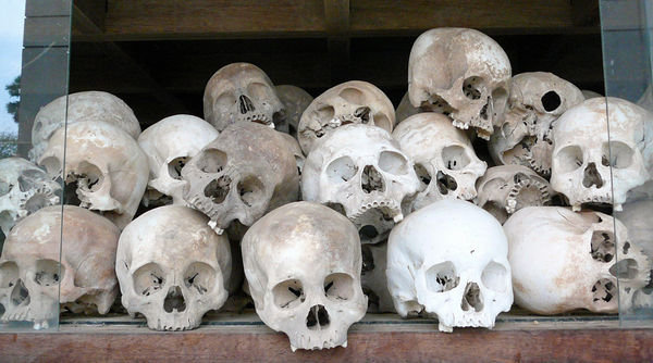 Some of the 8900 skulls in the stupa at the Killing Field