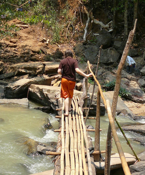 Crossing the bridge at the waterfall