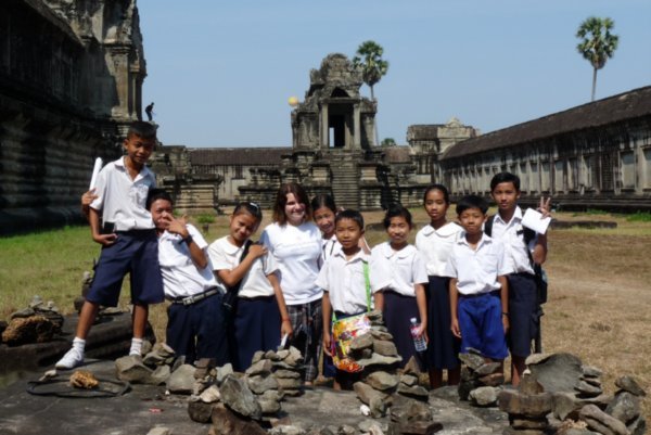 Jaz and the Wat Bo students at Angkor Wat 