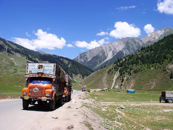 Lorries driving out of Kashmir