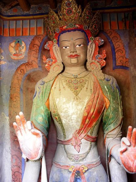 Five meter high statue of the Buddha inside the Du-khang Temple , Alchi