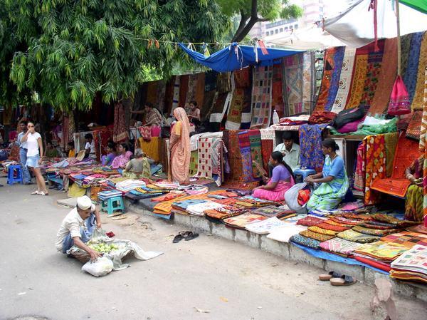 Street full of bed sheets vendors, New Delhi