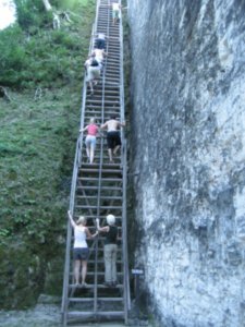 Tikal JAN 31 climbing up the steep ladder to Temple V