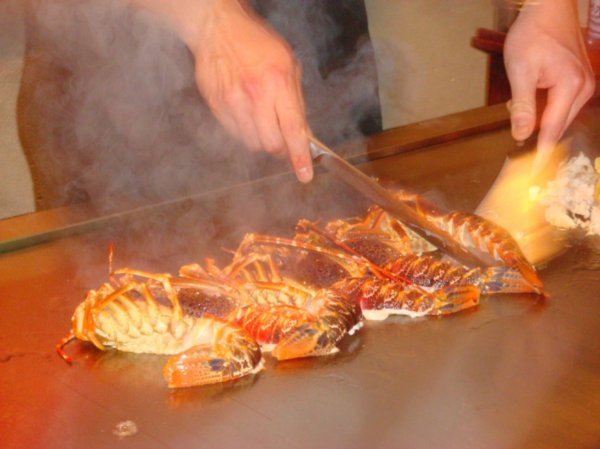 Grilling lobster in progress