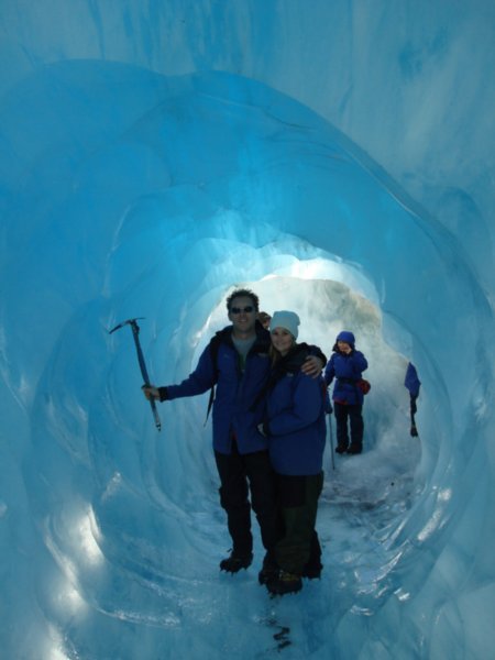 in a blue ice cave