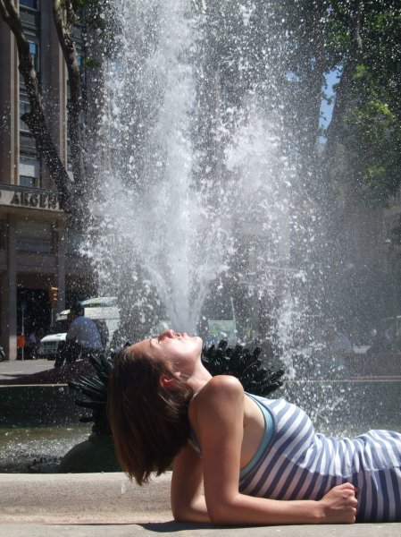 Jenny at the fountain in the plaza