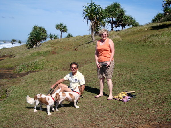 Shelly and Dennis and the dogs at Fingal Head, officially homeless and on the road.
