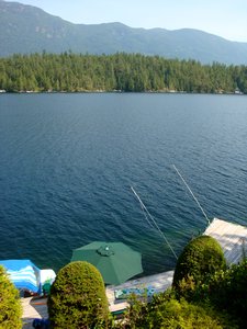The view from Calli's cabin of their dock and the lake