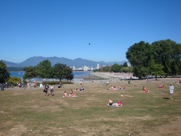 Looking towards Kits Beach, downtown Vancouver and the North Shore Mountains