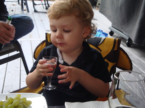 Aaron and Sam's son Evan enjoying happy hour too, (and no don't worry it wasn't wine!)
