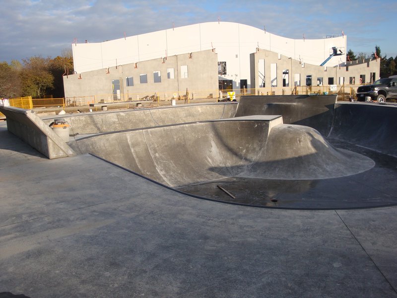 Skatepark with the new gymnastics centre in thebackground
