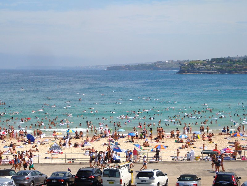 Bondi Beach, and you can see all the white inflatable Havianna thongs in the water. They were trying to set a world record for something...