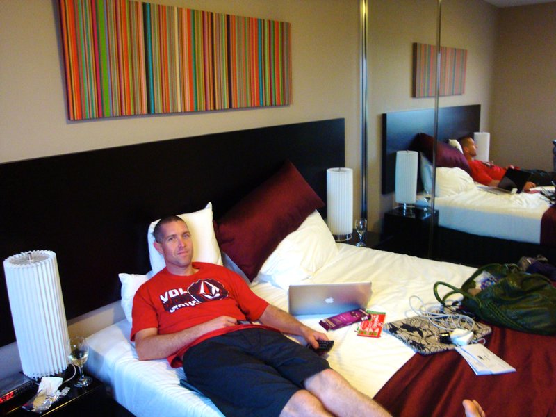 Relaxing in the hotel after a day of packing up our caravan and packing for the next flight