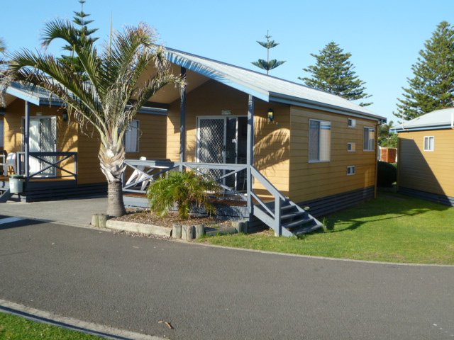 Our cabin for a couple nights at Shellharbour caravan park, $115 a night for the 4 of us