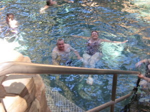 Pat and Trevor in hot spring, Mataranka.
