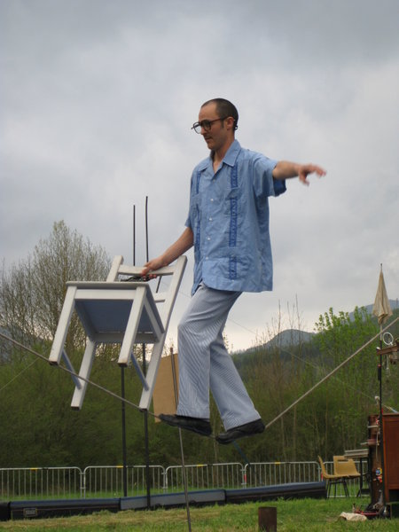 Ivan carries his chair onto the tightrope