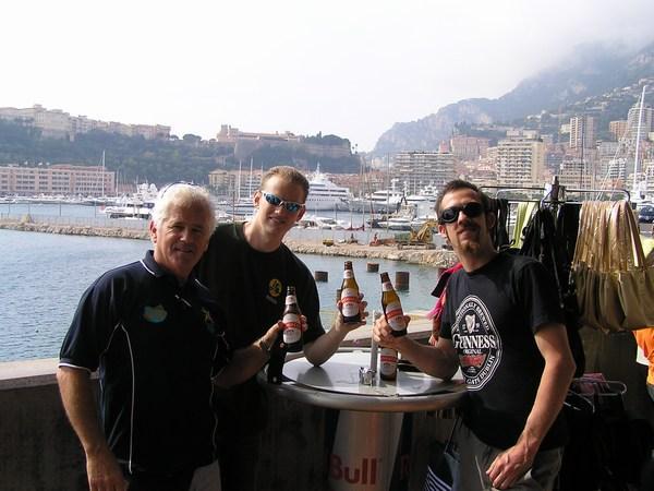Dad, Steve and I drinking the local beer, Monaco