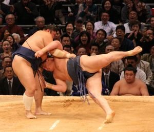 Kotomitsuki (OzE) defeats the mighty Yokozuna Hakuho
