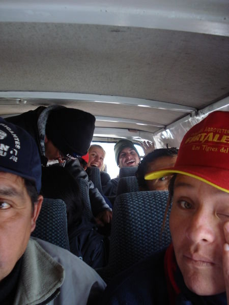 Dries and I being squeezed in the bus to Vilcashuaman