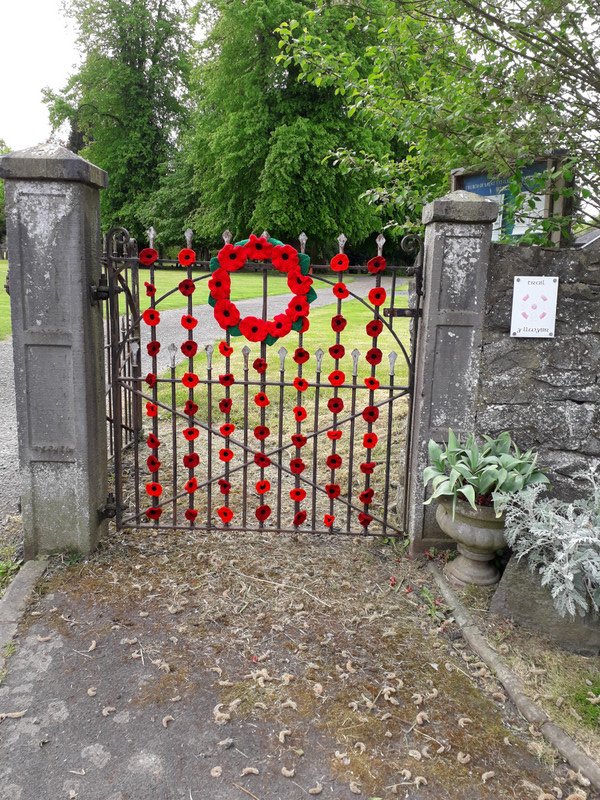 knitted poppies on the church gate