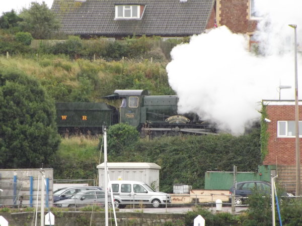 the train steaming along