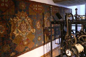 Centuries old tapestry, with the clock mechanism of Girona's cathedral