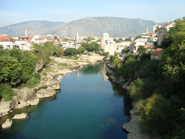 Nretva river rushing through heavily touristed Mostar