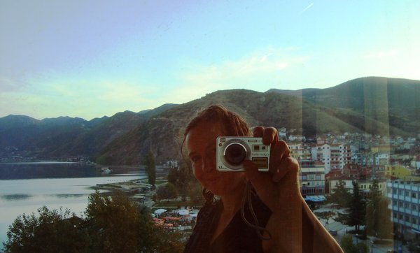 Pogradec city, lake and I from hotel balcony