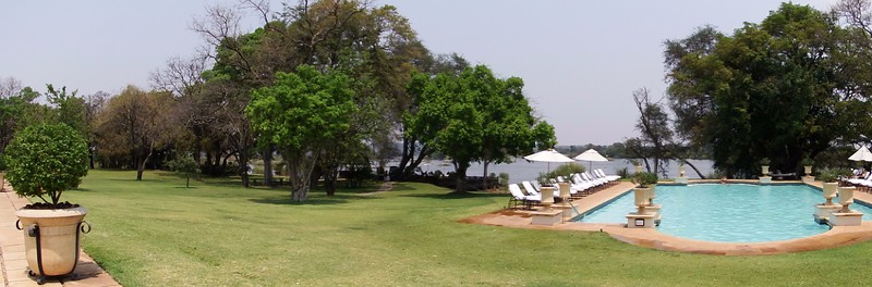 Royal Livingston hotel, vuiew towards Devuils pool (Zambia side)