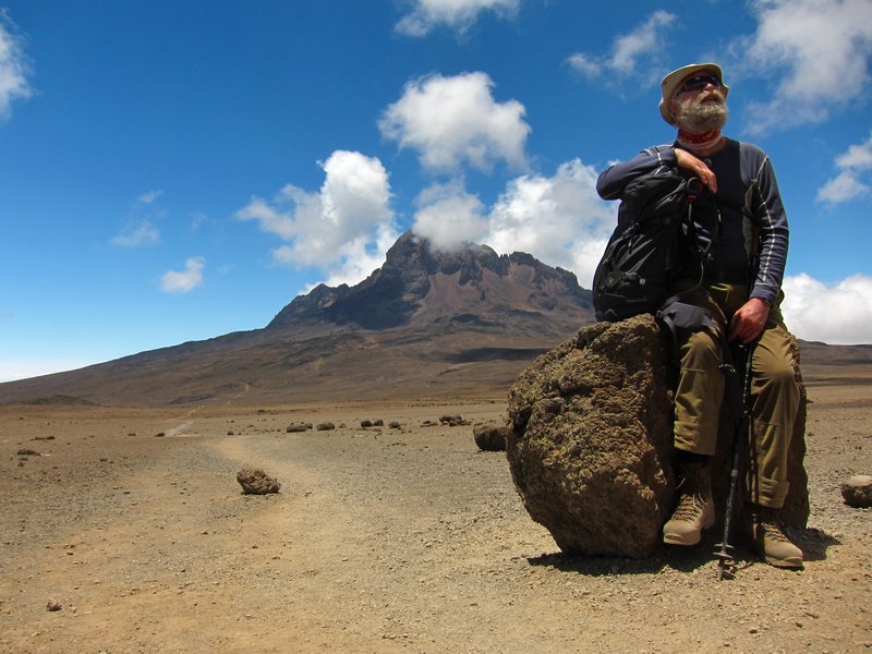 Arild is enjoying the view of Mt. Kilimanjaro, with Mawenzi in the background