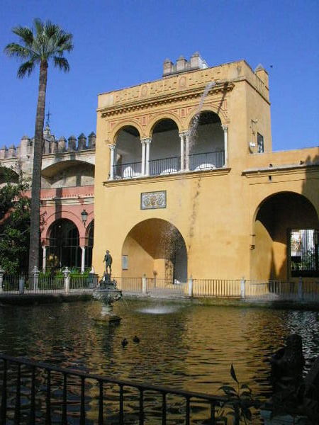 A pool with ducks inside Alcazar in Sevilla.  I like falling water so the building with the stream of water coming off of it was amazing to me.
