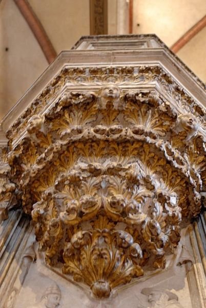 Looking up at ornate detail in the Frari Church