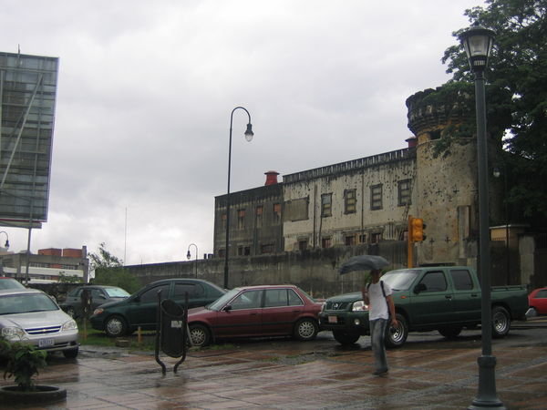 fort and billboard and rain