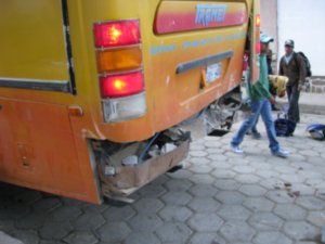 The bus after it had crashed into the church