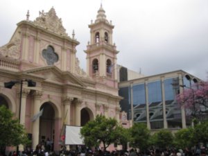 Pink cathedral in Salta plaza