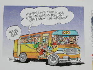 Argentinian cartoon\accurate depiction of transport on local buses during rush hour