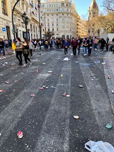 The trash aftermath of the daily fireworks in the square