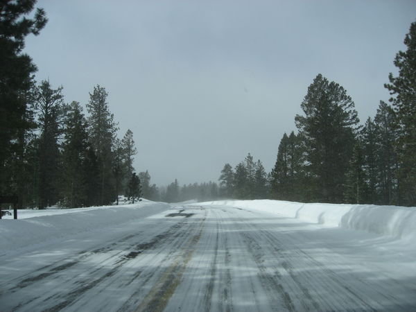 Snow over road going through Bryce