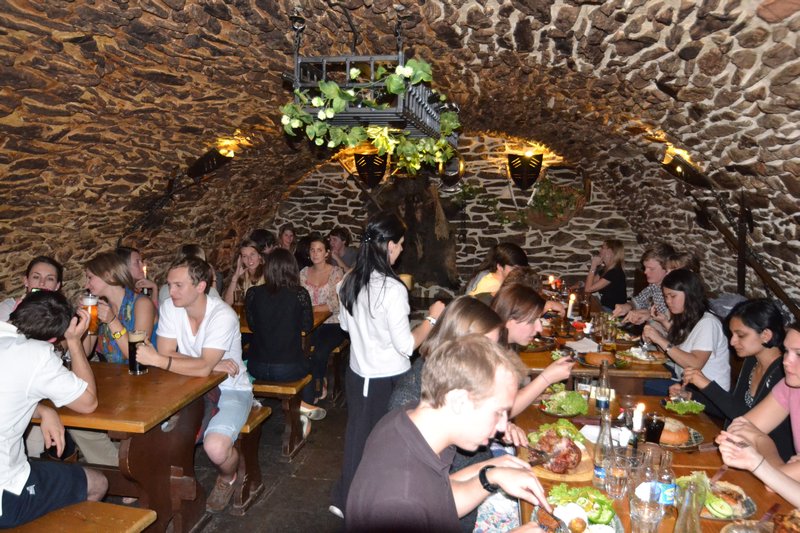 Eating at the Tavern in Satlavska in Cesky Krumlov