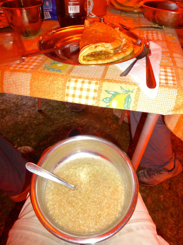Breakfast of quinoa porridge and a pancake on Day 5 of Santa Cruz trek