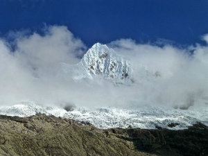 Alpamayo peak shrouded in clouds