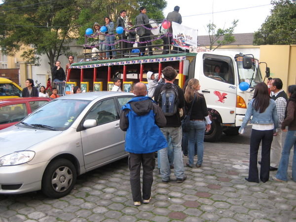 chifa, party-mobil while quito-festivals. this is great: marching band playing on top of it and you can join for just 2.50$ (inclusiv all you can drink;-)