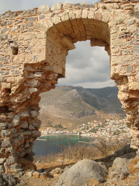 view through the castle ruins