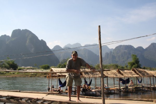 Bamboo bridge with Karsts in the background, Vang Vieng